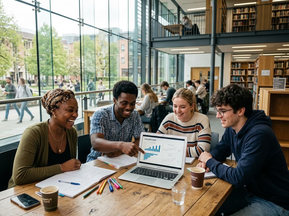 Diverse international university study group collaborating in modern library