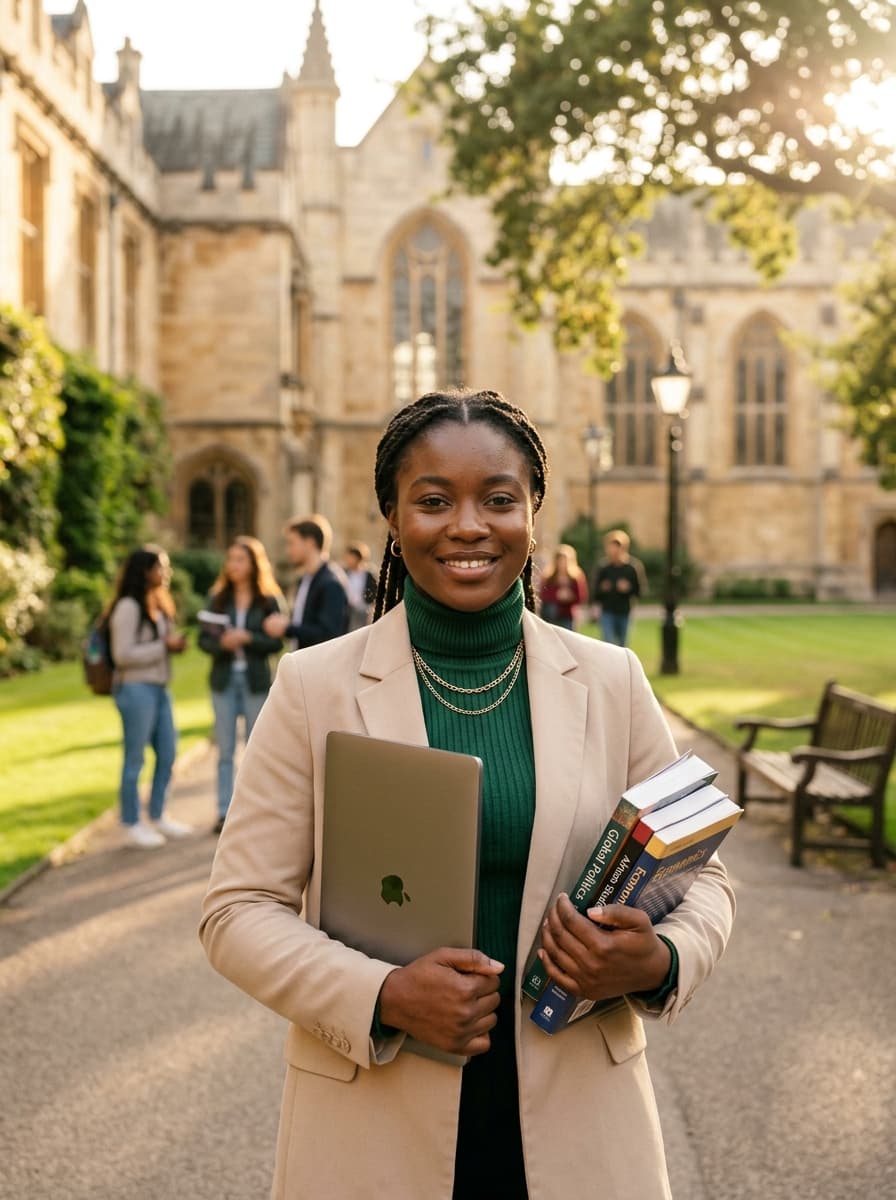 Confident Ghanaian scholar on international university campus